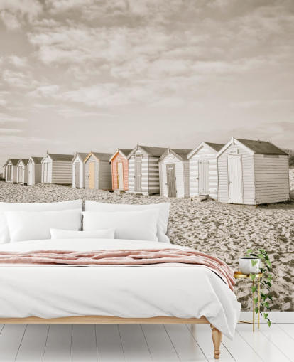 mural gris personalizable de cabaña de playa llamado Beach Huts in a Row de Assaf Frank
