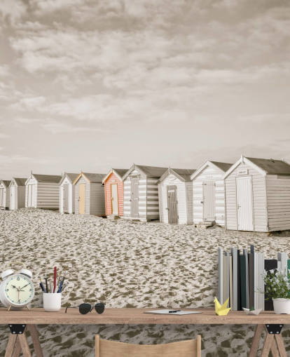 peinture murale grise personnalisable d'une cabane de plage appelée Beach Huts in a Row d'Assaf Frank