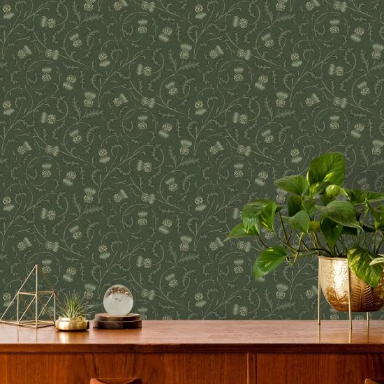 Noite tempestuosa de cardo de Catriona Papel de parede natural verde escuro