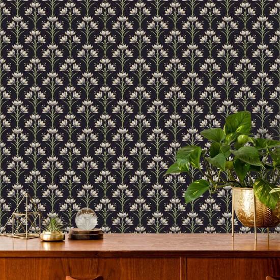 Crocus Midnight Garden Floral Pattern Wallpaper