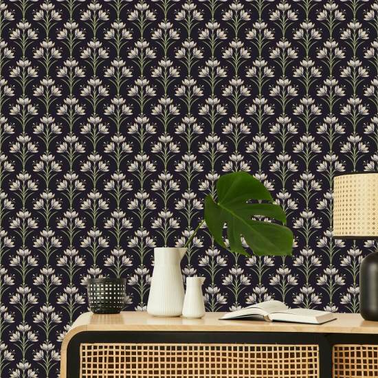 Crocus Midnight Garden Floral Pattern Wallpaper