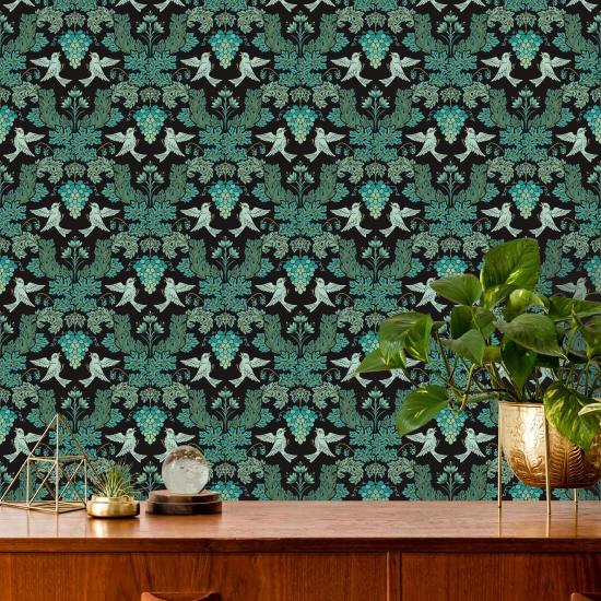 Uva Damask Midnight Papel de parede de damasco