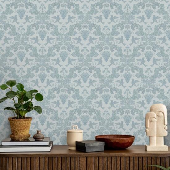 Grape Damask Blue Blauw damastbehang