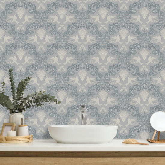 Grape Damask Ice Grey Damask Wallpaper