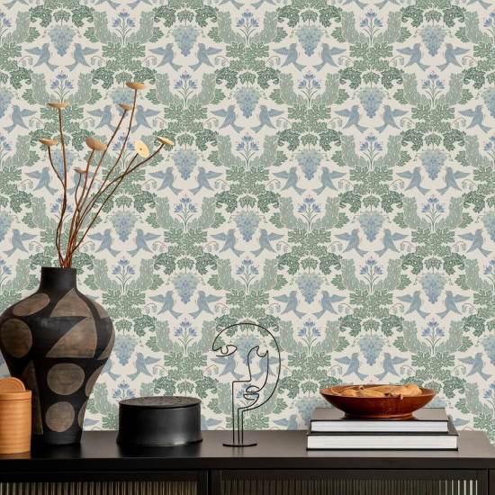 Grape Damask Mist Carta da parati damascata