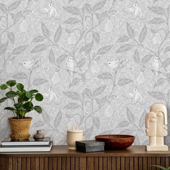 Pear Tree Silver papel de parede de pássaros
