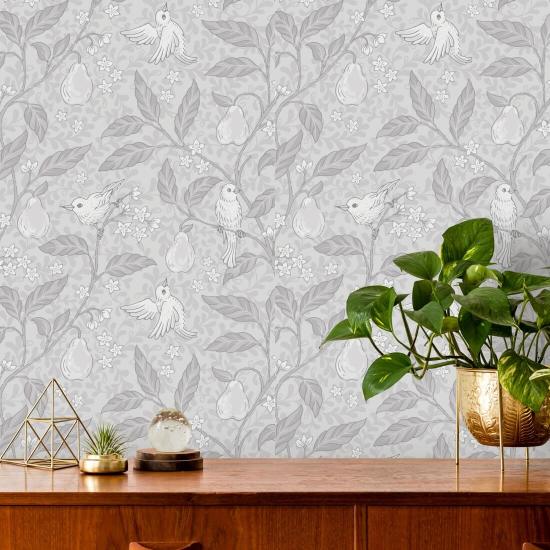 Pear Tree Silver papel de parede de pássaros