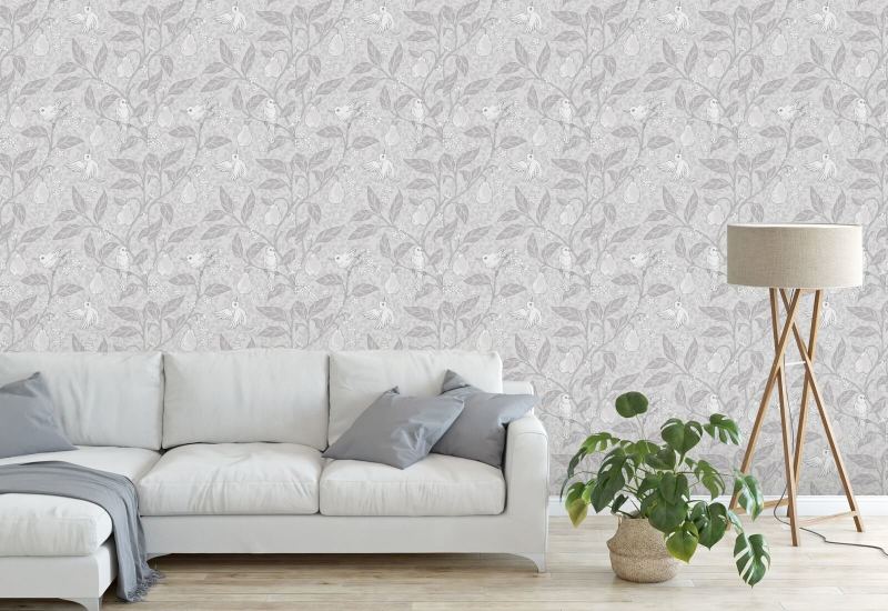 Pear Tree Silver papel de parede de pássaros