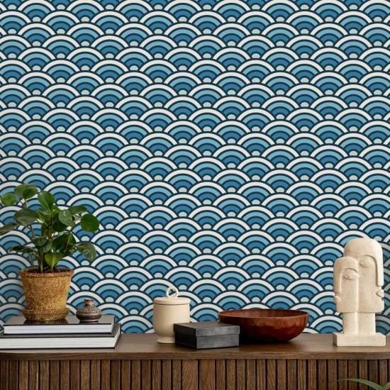 Rainbow Scallop Blue Carta da parati geometrica