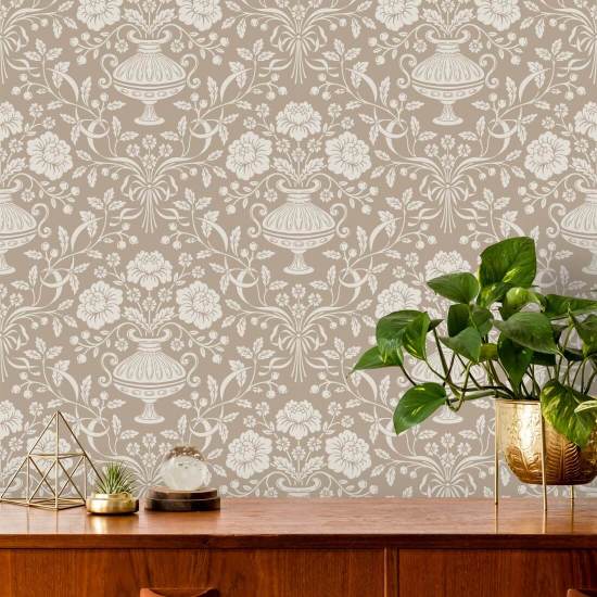 Ribbon Damask Mocha Damask Wallpaper