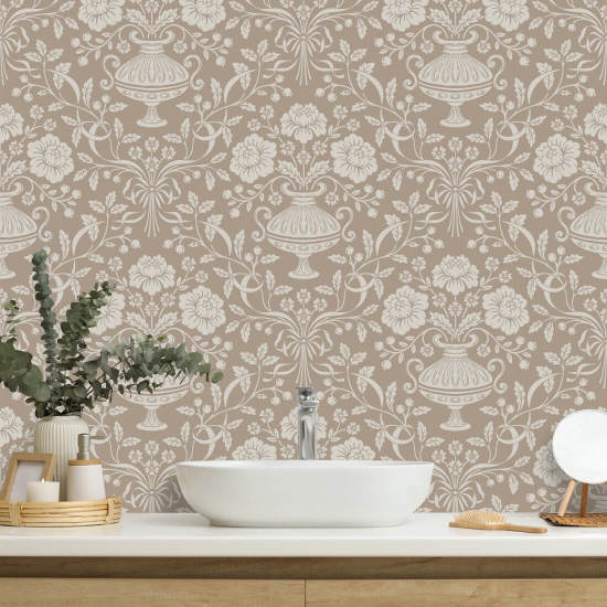 Ribbon Damask Mocha Damask Wallpaper