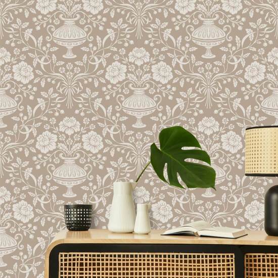 Ribbon Damask Mocha Carta da parati damascata