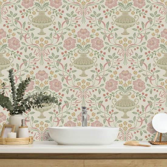 Ribbon Damask Violet Ribbon Wallpaper