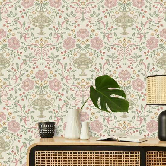 Ribbon Damask Violet Ribbon Wallpaper