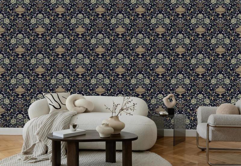 Ribbon Damask Obsidian Floral Wallpaper