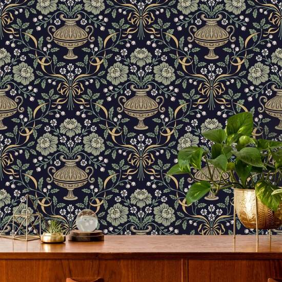 Lint Damast Obsidian Bloemenbehang