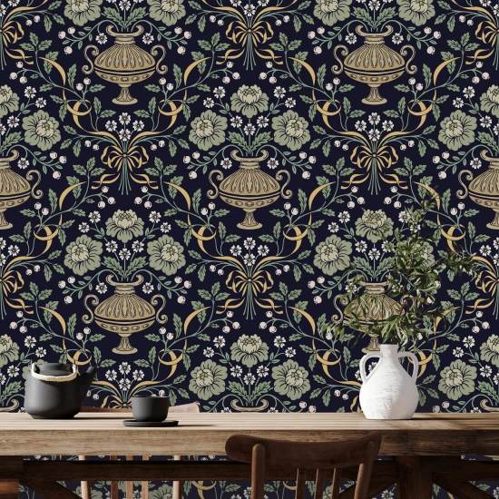 Ribbon Damask Obsidian Floral Wallpaper