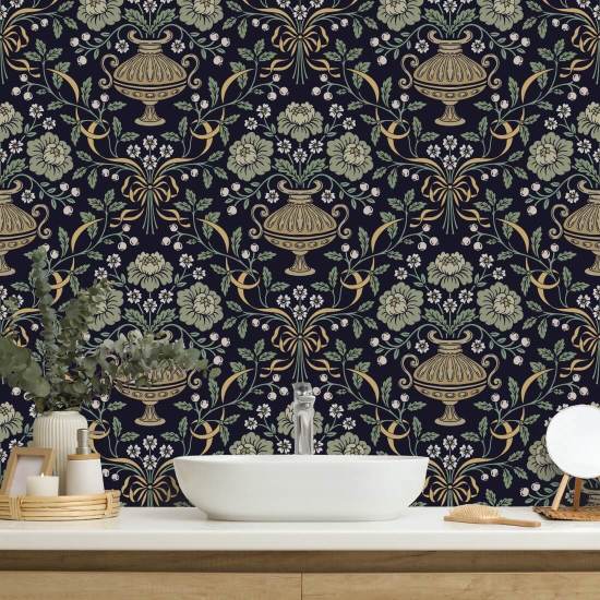Ribbon Damask Obsidian Floral Wallpaper