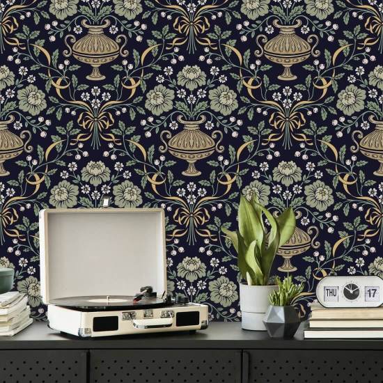 Lint Damast Obsidian Bloemenbehang