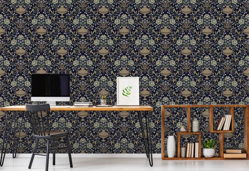 Ribbon Damask Obsidian Floral Wallpaper