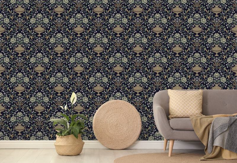 Bånd Damask Obsidian Blomstertapet