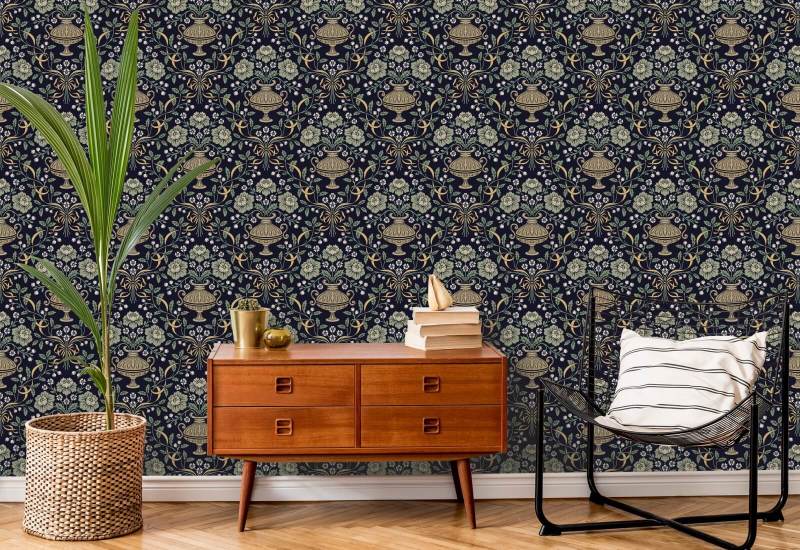 Ribbon Damask Obsidian Floral Wallpaper