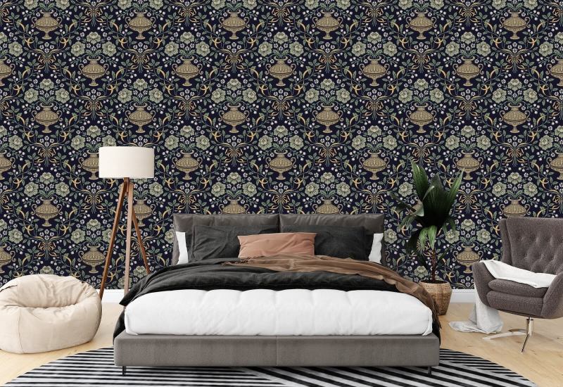Ribbon Damask Obsidian Floral Wallpaper