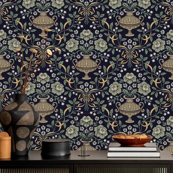 Ribbon Damask Obsidian Floral Wallpaper