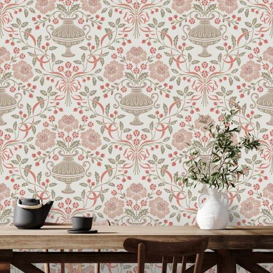 Ribbon Damask Red Berry Ribbon Wallpaper