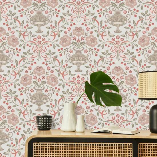 Ribbon Damask Red Berry Ribbon Wallpaper