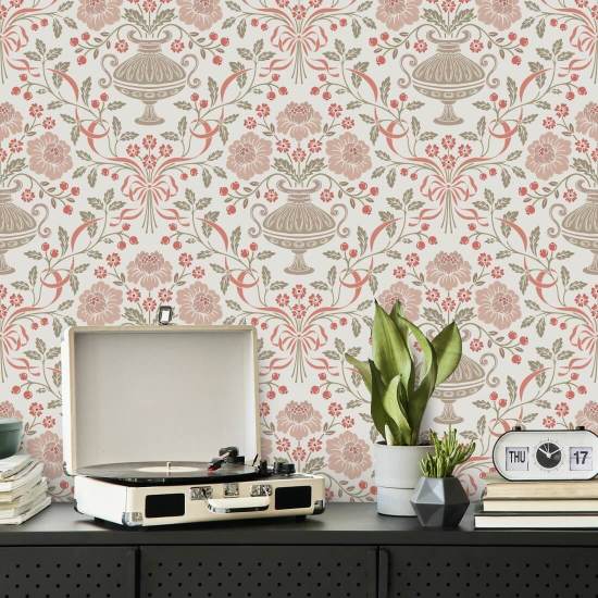 Ribbon Damask Red Berry Båndbakgrunn