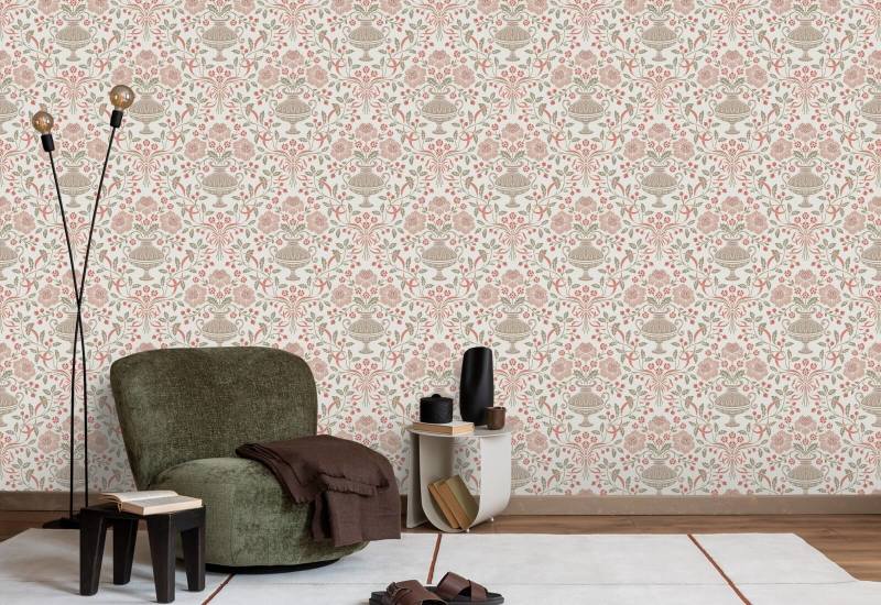 Ribbon Damask Red Berry Ribbon Wallpaper