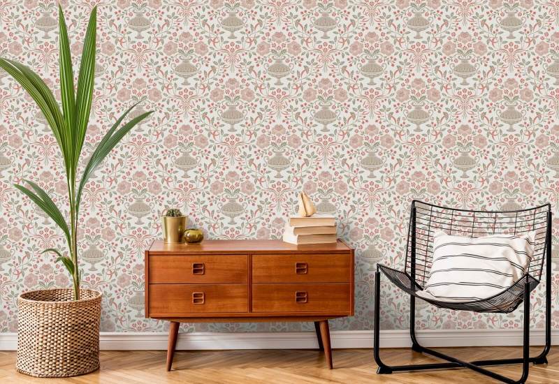 Ribbon Damask Red Berry Båndbakgrunn