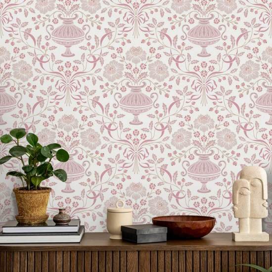 Ribbon Damask Plum Floral Wallpaper