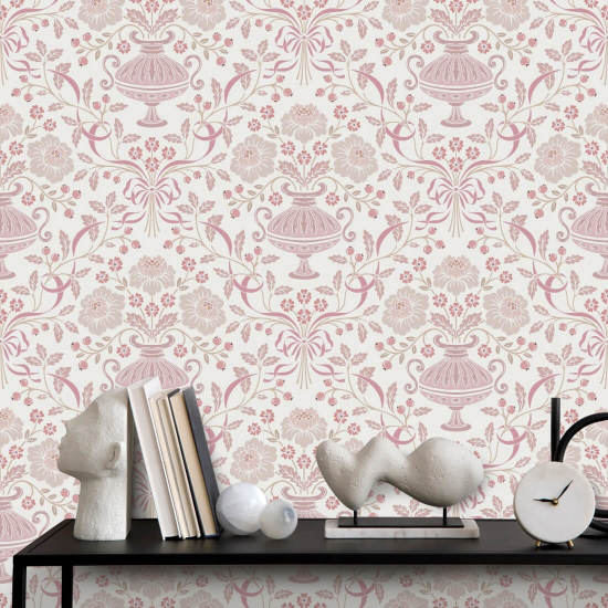 Ribbon Damask Plum Floral Wallpaper