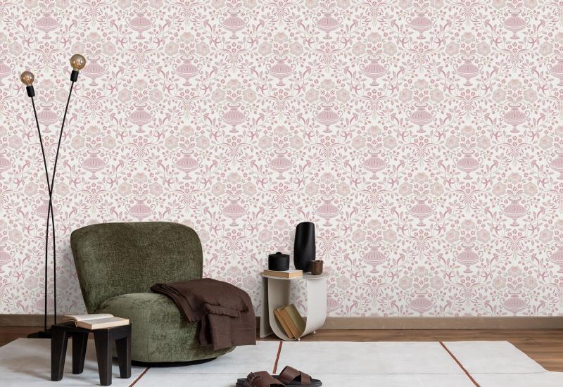 Ribbon Damask Plum Floral Wallpaper