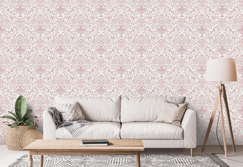 Ribbon Damask Plum Floral Wallpaper