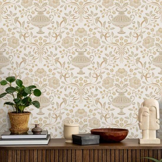 Ribbon Damask Ocra Carta da parati floreale