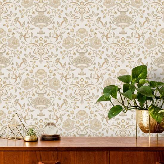 Ribbon Damask Ocra Carta da parati floreale