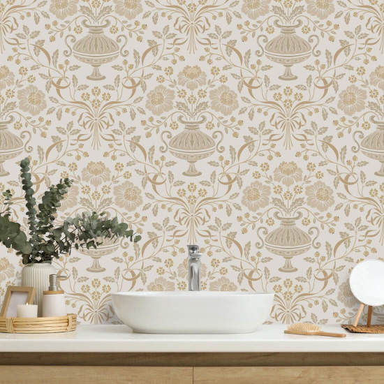 Ribbon Damask Ochre Floral Wallpaper