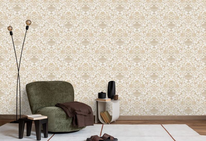 Ruban damassé ocre Papier peint floral