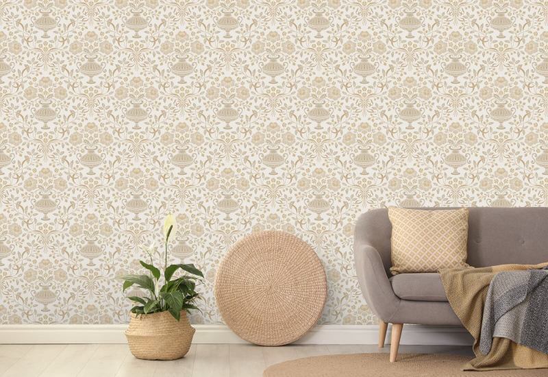 Ribbon Damask Ocker Blumentapete