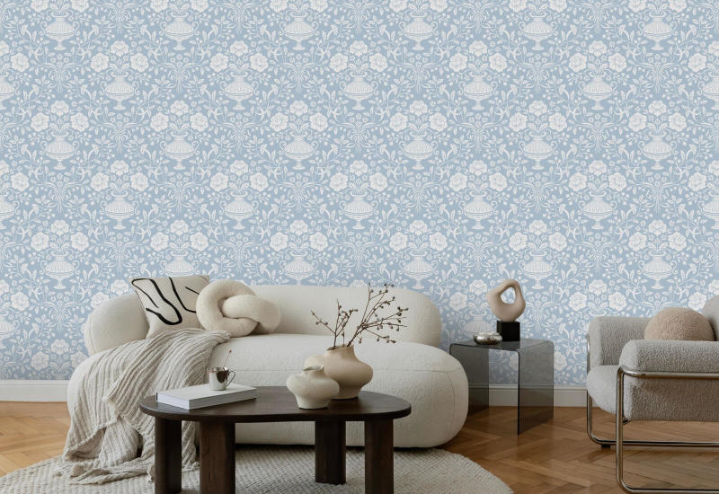 Ribbon Damask Aqua Damask Wallpaper