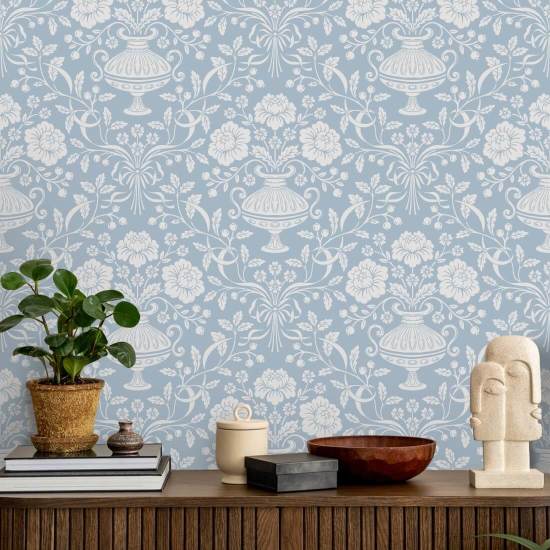 Ribbon Damask Aqua Damask Wallpaper