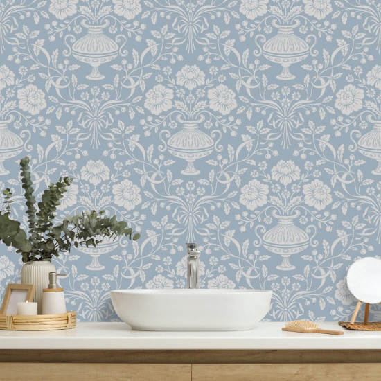 Ribbon Damask Aqua Damask Wallpaper