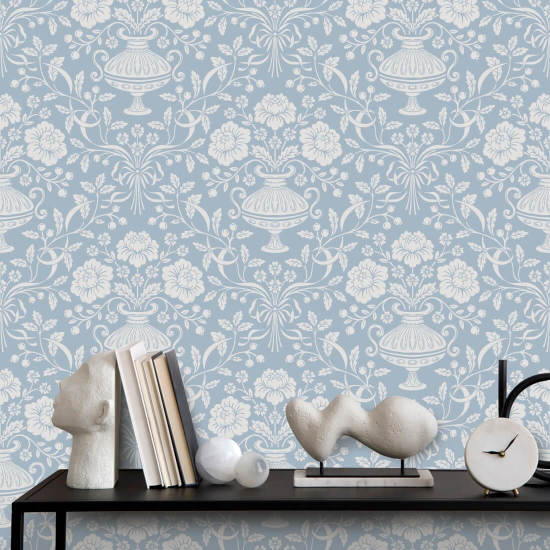 Ribbon Damask Aqua Damask Wallpaper
