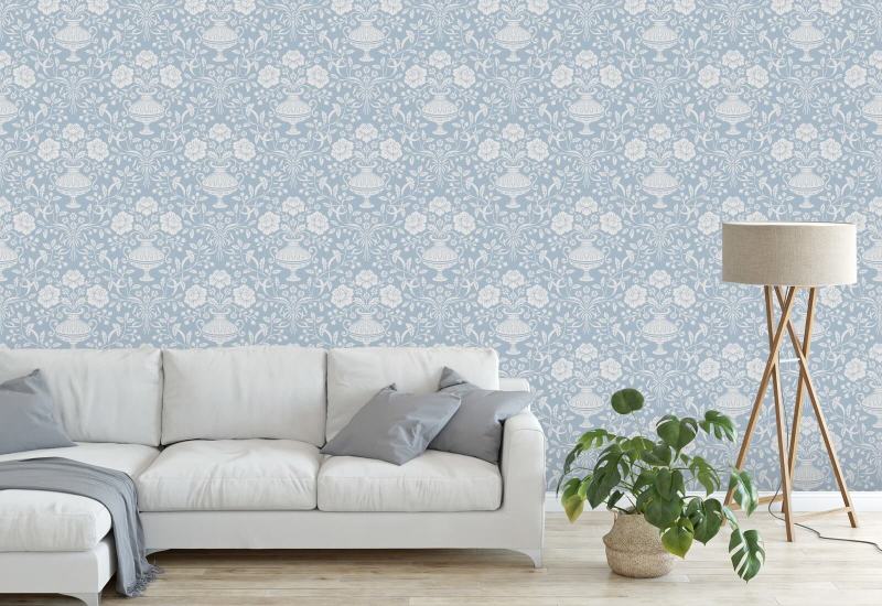 Ribbon Damask Aqua Damask Wallpaper