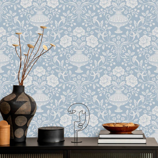 Ribbon Damask Aqua Carta da parati damascata