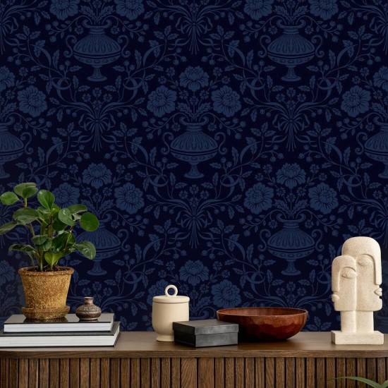 Lint Damast Midnight Blue Lintbehang