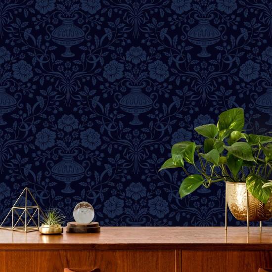 Ribbon Damask Midnight Blue Ribbon Wallpaper